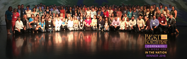 Large group of people posing for a Best and Brightest Companies 2016 photoshoot