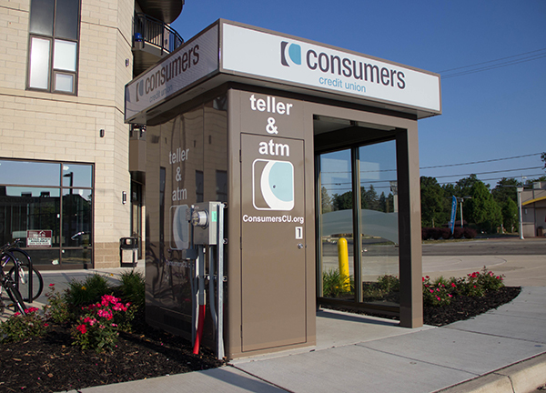 A Consumers Credit Union automatic teller and ATM booth on a sunny day