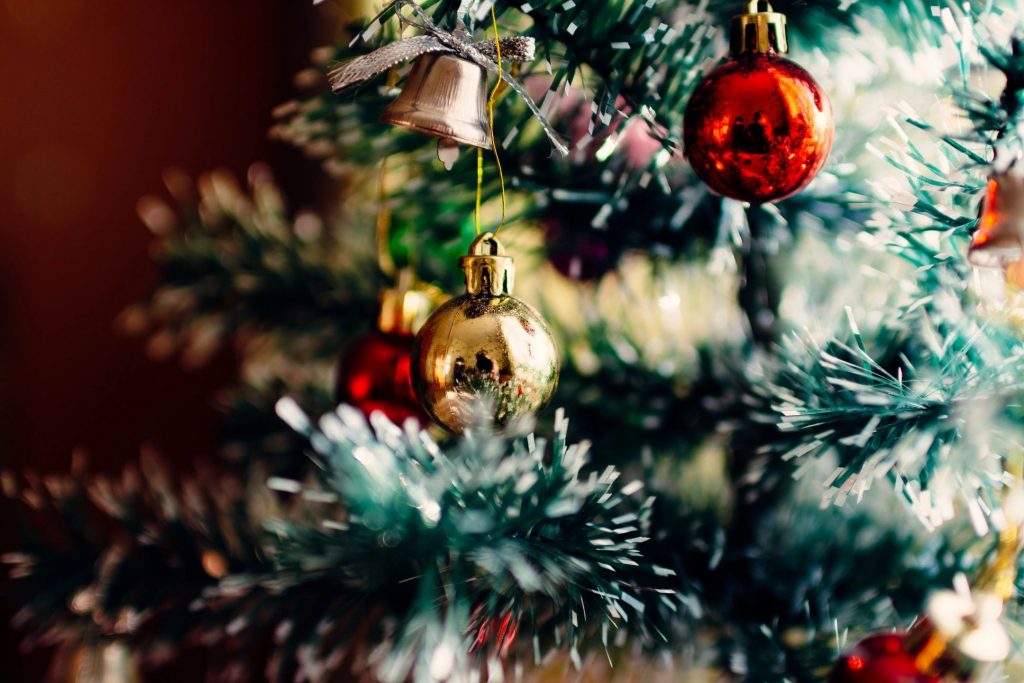 A close-up of christmas tree decorations