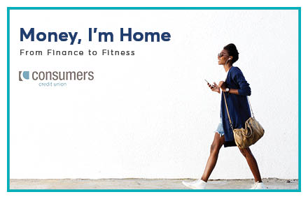 Image of a woman wearing sunglasses walking with bag on shoulder and phone in hand in front of a white wall with a Consumers Credit Union logo