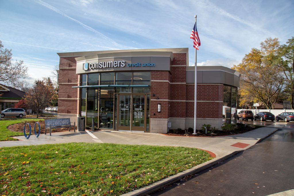 A Consumers Credit Union office in the sunshine after a rain