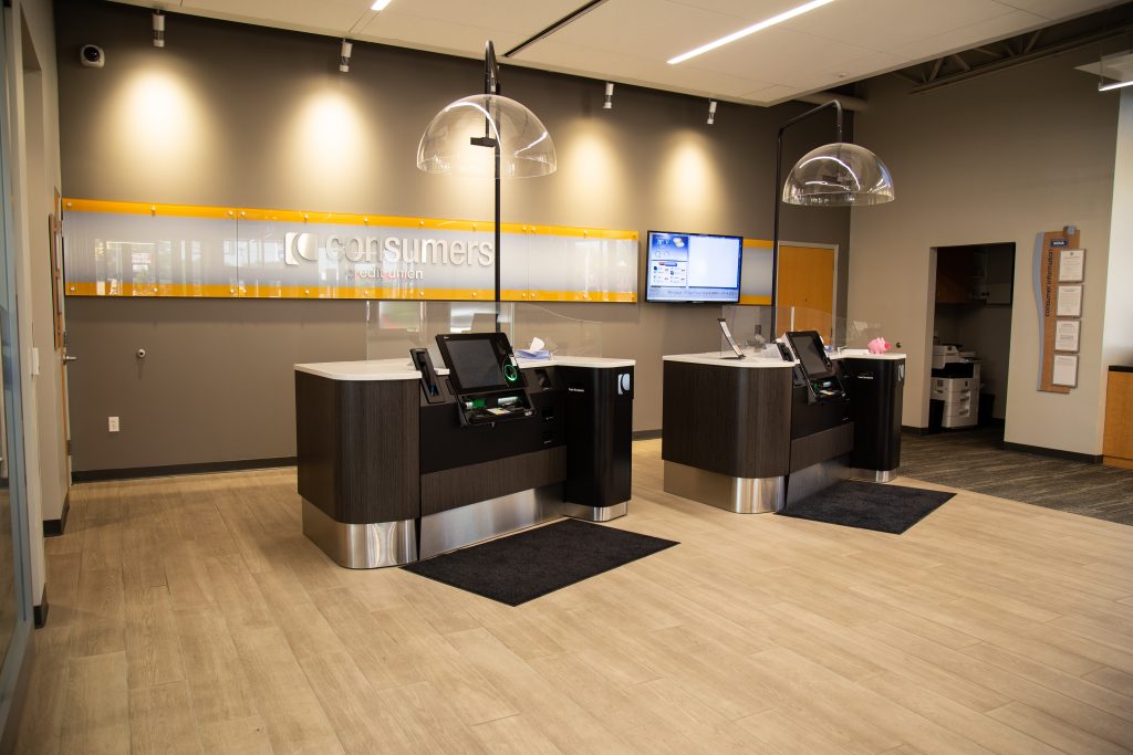 Two self-service tellers in open space of a Consumers Credit Union office