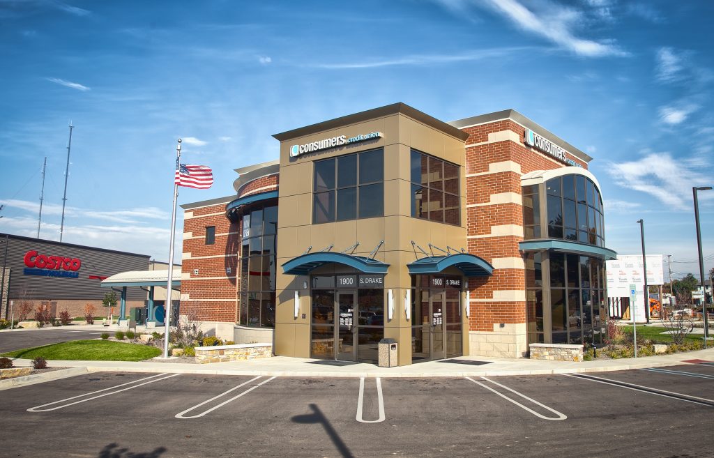 A Consumers Credit Union office in front of a Costco location