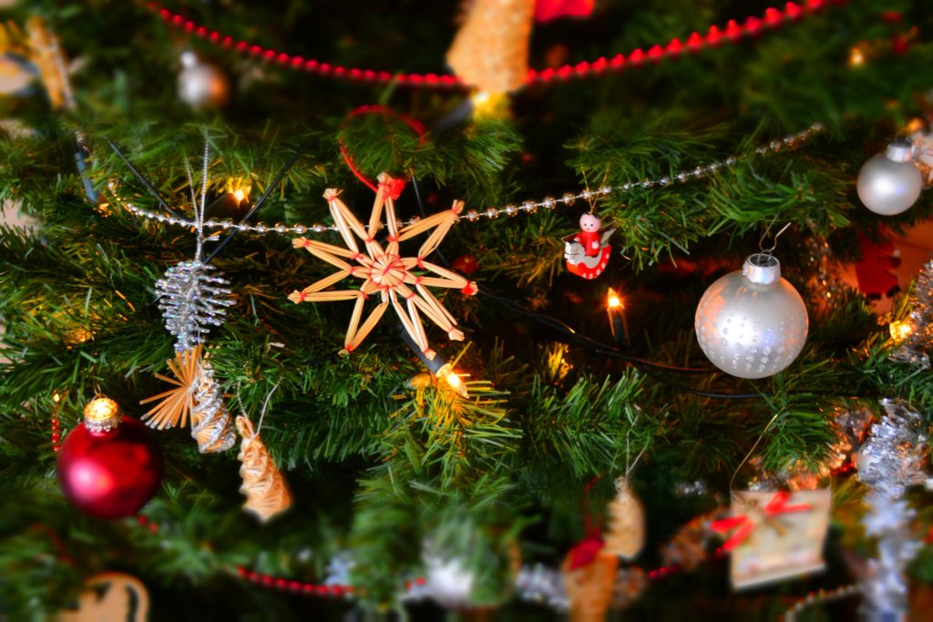 Close up of Christmas decorations hanging on a tree