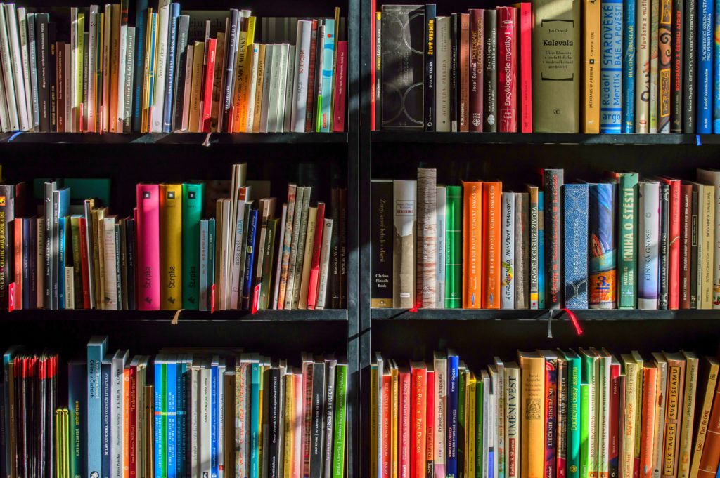 Books on a black wooden bookshelf